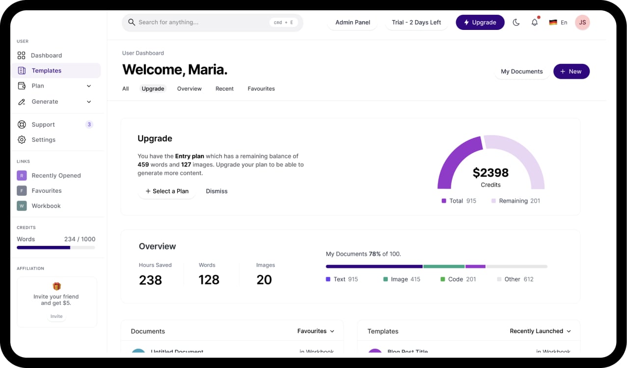 MagicAI Dashboard Mockup